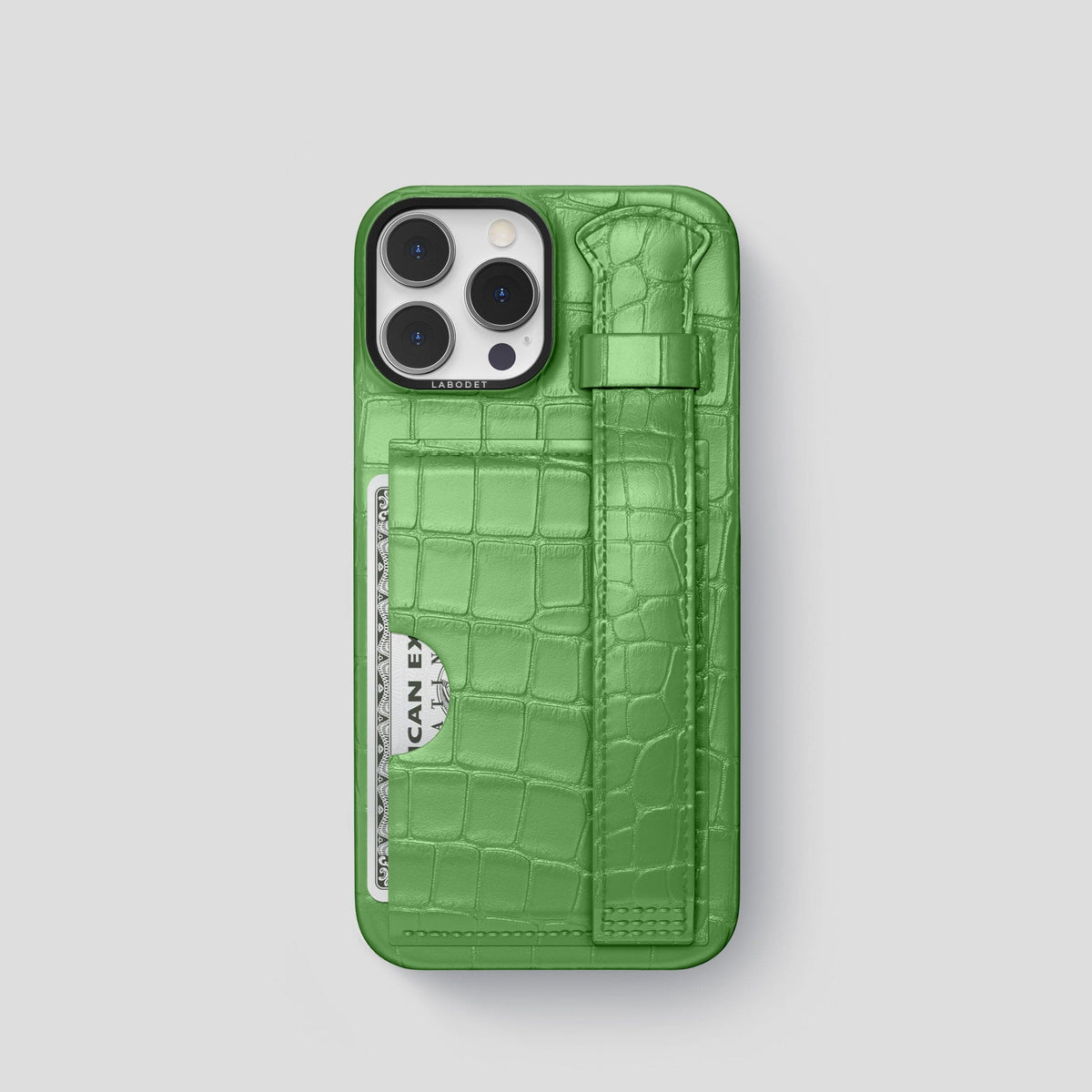 Apple-Green iPhone 13 Pro Cardholder Strap Case Alligator with Black Metal -1 | Apple-Green-Black