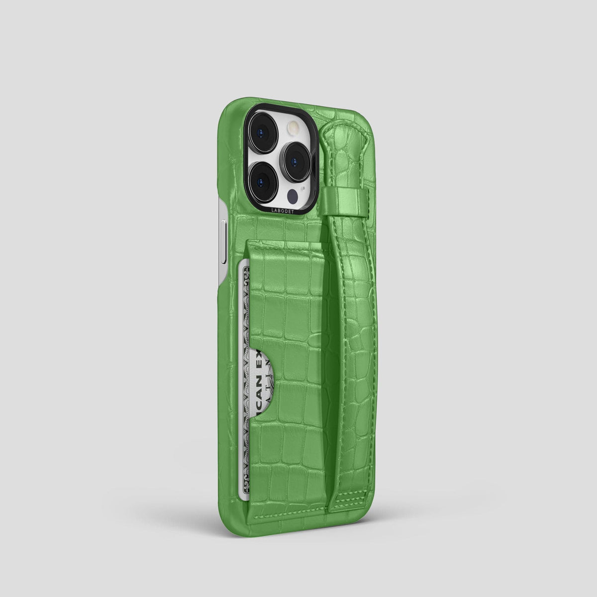 Apple-Green iPhone 13 Pro Cardholder Strap Case Alligator with Black Metal -2 | Apple-Green-Black