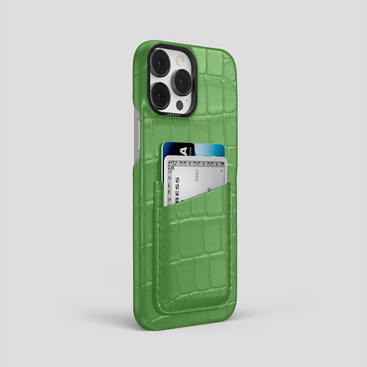 Apple-Green iPhone 13 Pro Max Card Case Alligator with Black Metal -2 | Apple-Green-Black