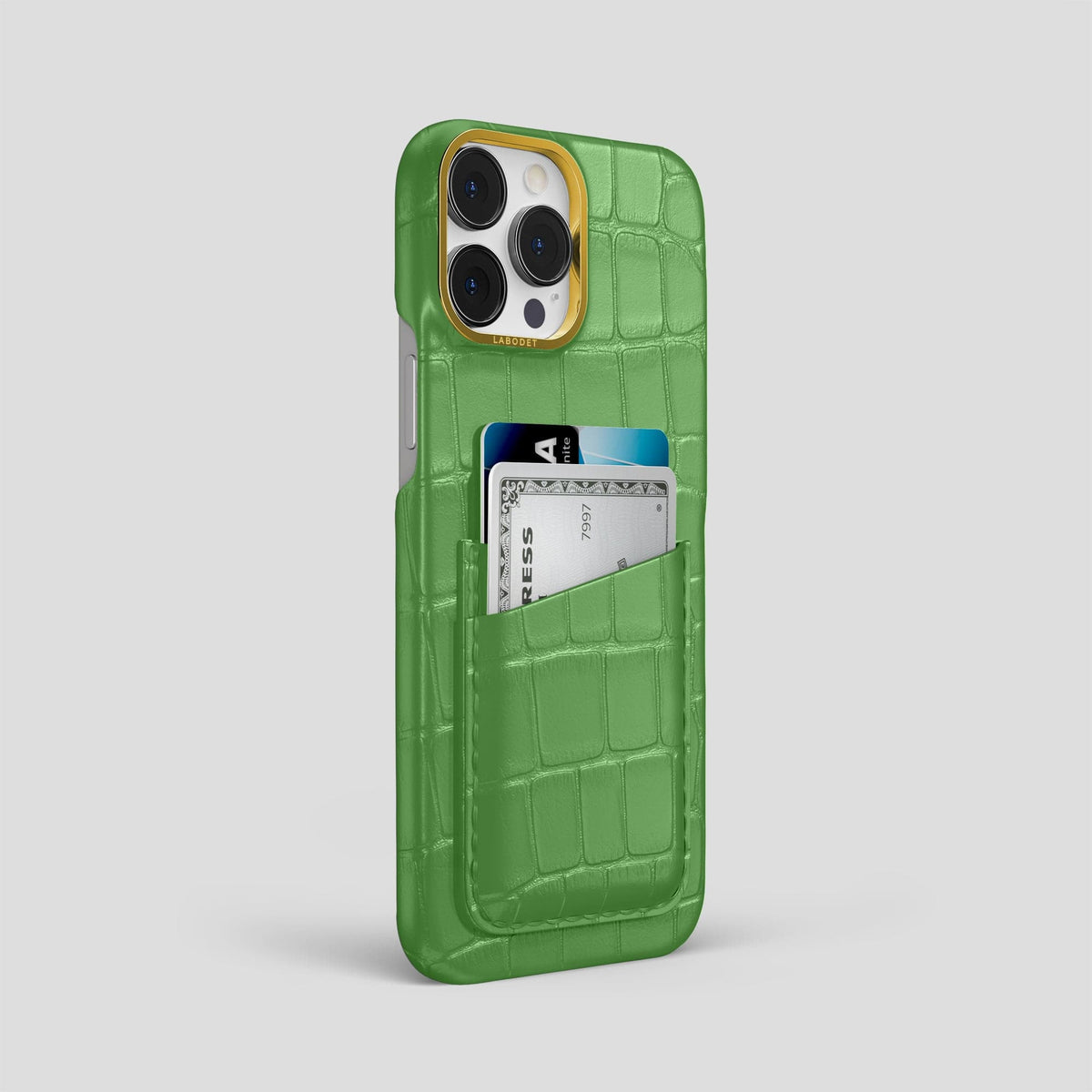Apple-Green iPhone 13 Pro Max Card Case Alligator with Gold Metal -2 | Apple-Green-Gold