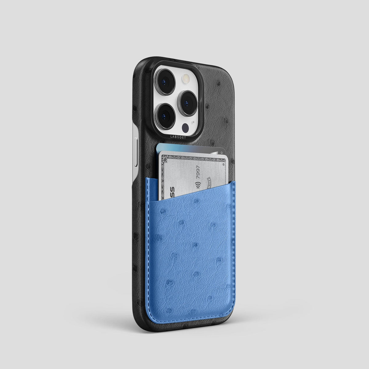 Black-Navy-Blue iPhone 13 Pro Card Case Colore Ostrich with Black Metal -2 | Black-Navy-Blue-Black