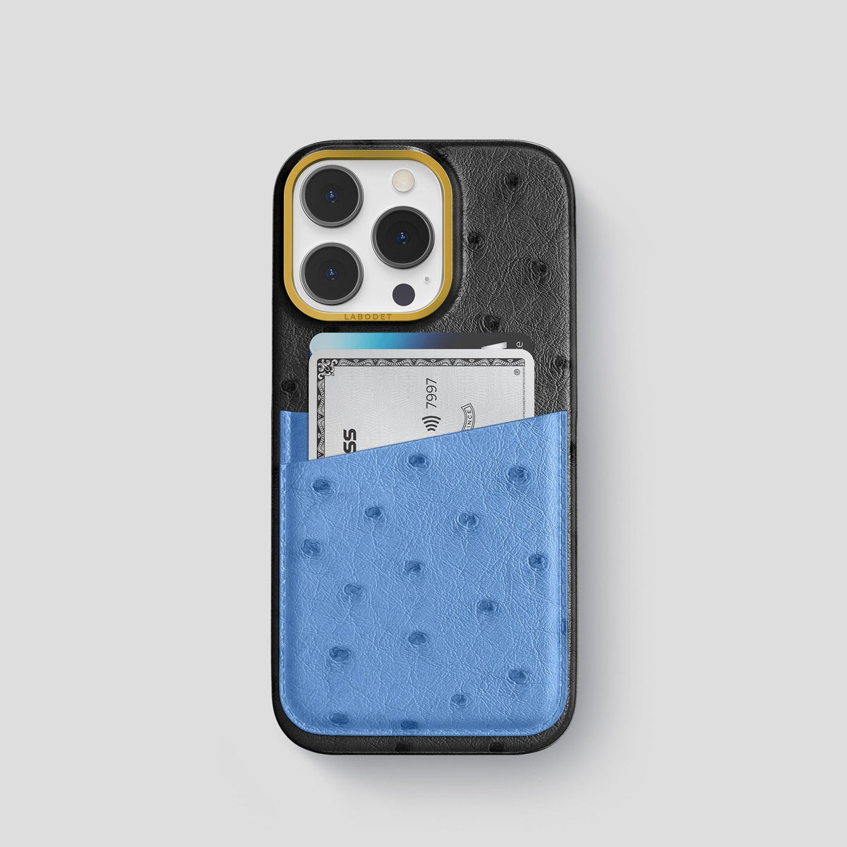 Black-Navy-Blue iPhone 13 Pro Card Case Colore Ostrich with Gold Metal -1 | Black-Navy-Blue-Gold