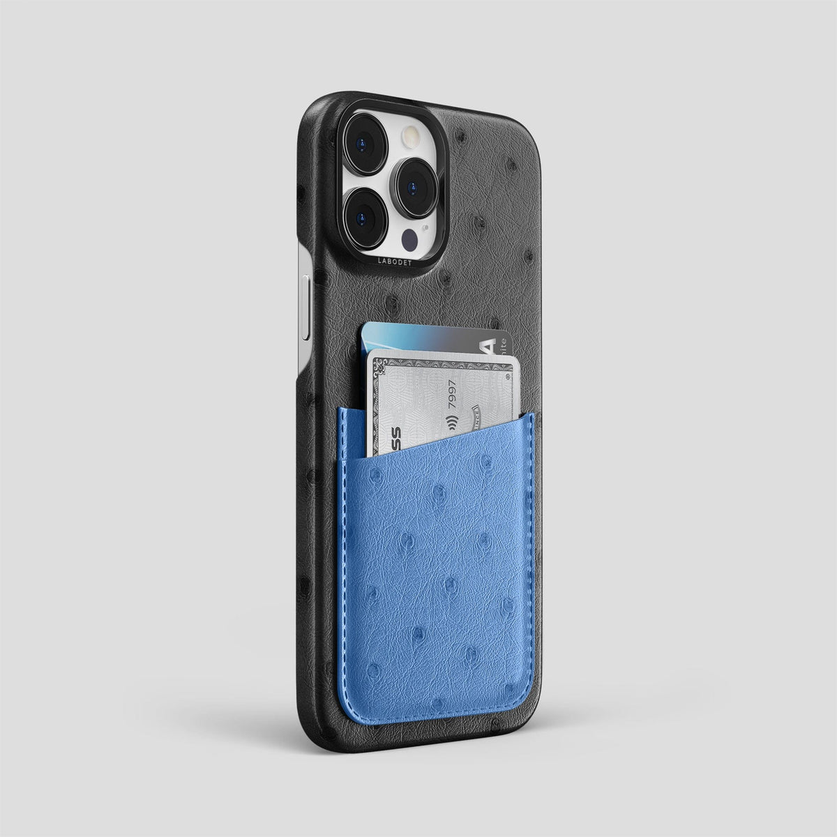 Black-Navy-Blue iPhone 13 Pro Card Case Colore Ostrich with Black Metal -2 | Black-Navy-Blue-Black