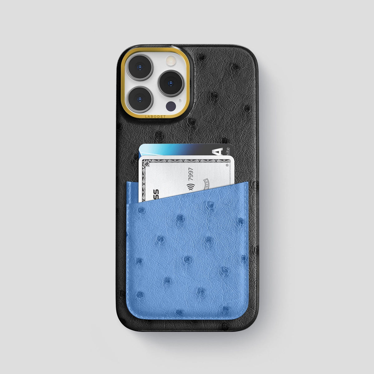 Black-Navy-Blue iPhone 13 Pro Card Case Colore Ostrich with Gold Metal -1 | Black-Navy-Blue-Gold