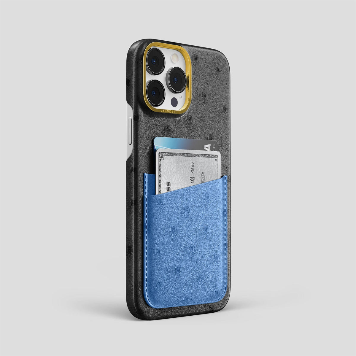 Black-Navy-Blue iPhone 13 Pro Card Case Colore Ostrich with Gold Metal -2 | Black-Navy-Blue-Gold