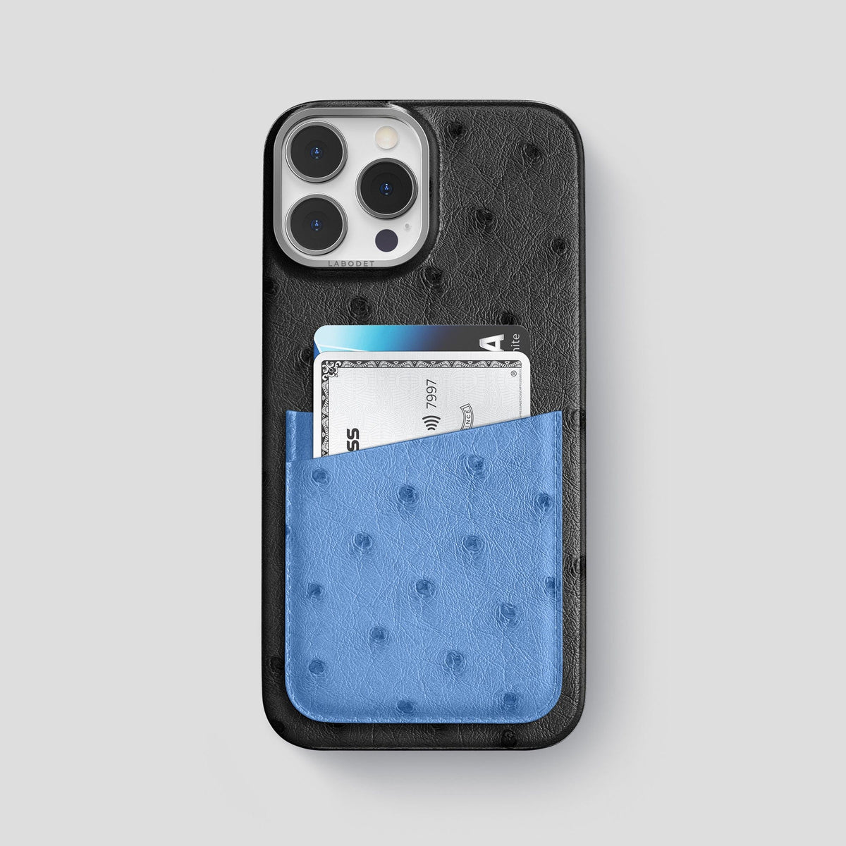 Black-Navy-Blue iPhone 13 Pro Card Case Colore Ostrich with Steel Metal -1 | Black-Navy-Blue-Steel