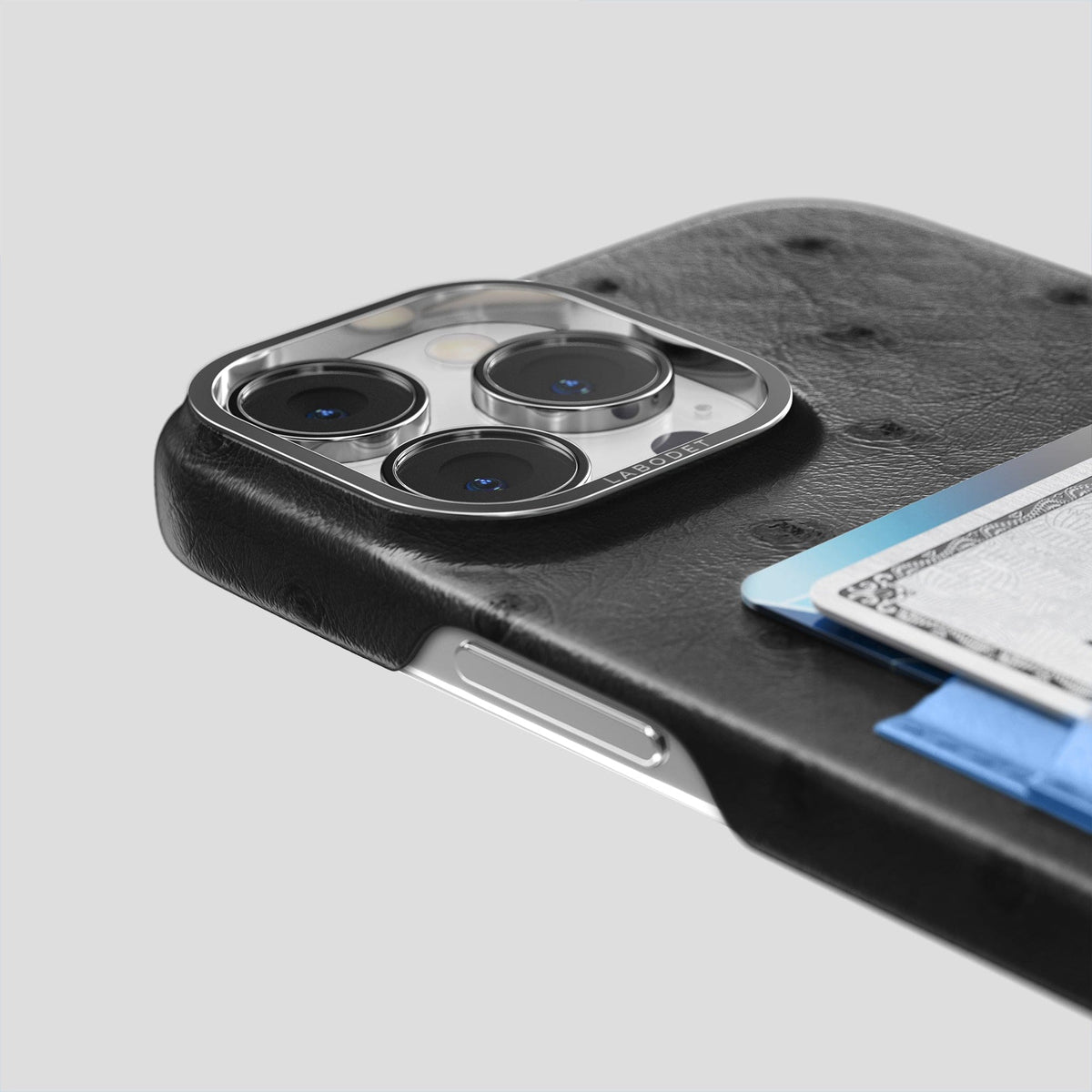 Black-Navy-Blue iPhone 13 Pro Card Case Colore Ostrich with Steel Metal -5 | Black-Navy-Blue-Steel