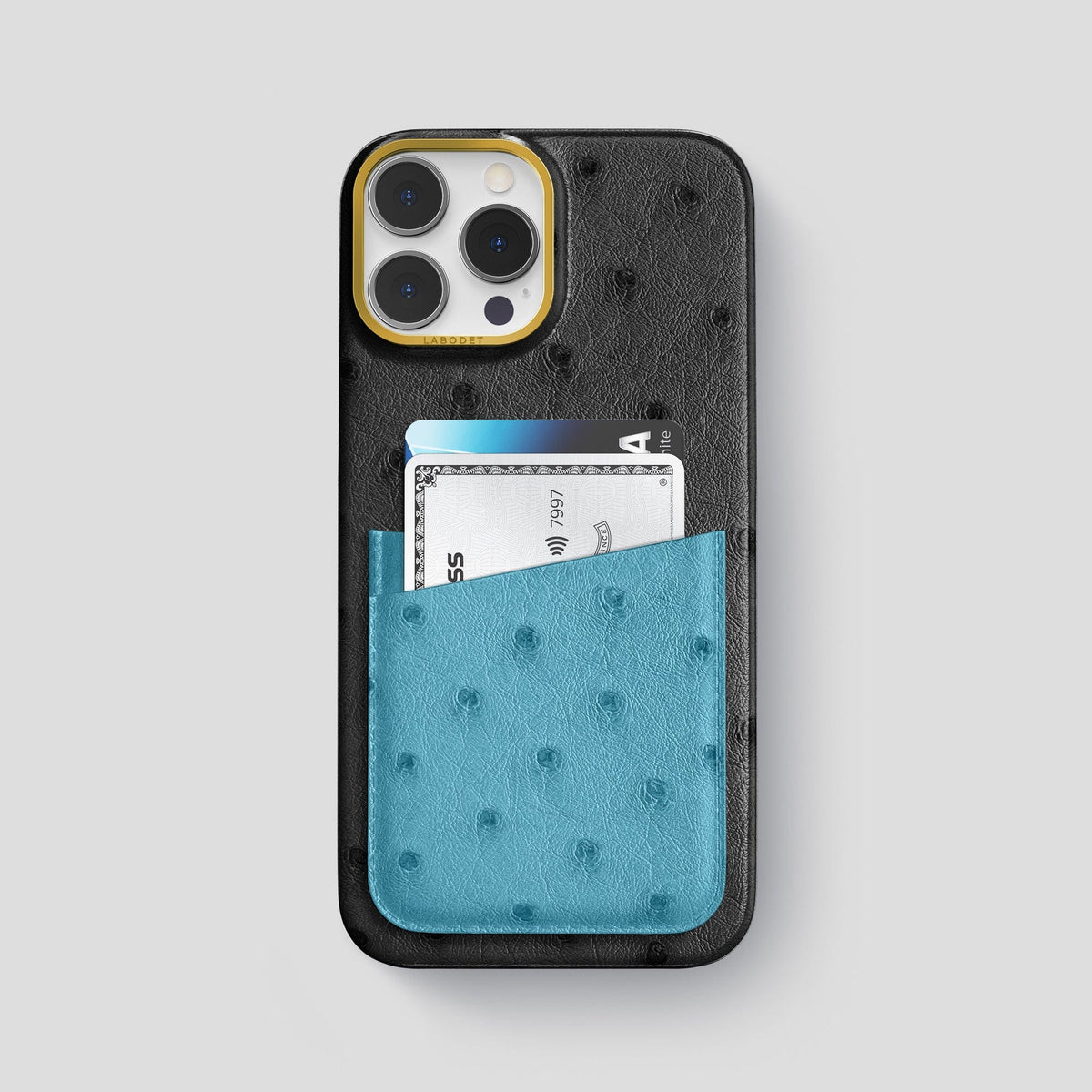 Black-Blue-Jeans iPhone 13 Pro Card Case Colore Ostrich with Gold Metal -1 | Black-Blue-Jeans-Gold