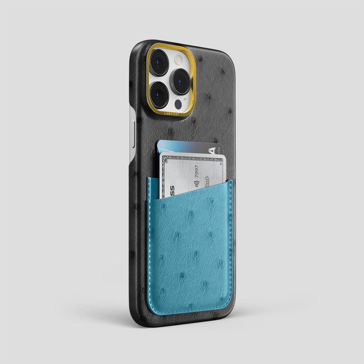 Black-Blue-Jeans iPhone 13 Pro Card Case Colore Ostrich with Gold Metal -2 | Black-Blue-Jeans-Gold
