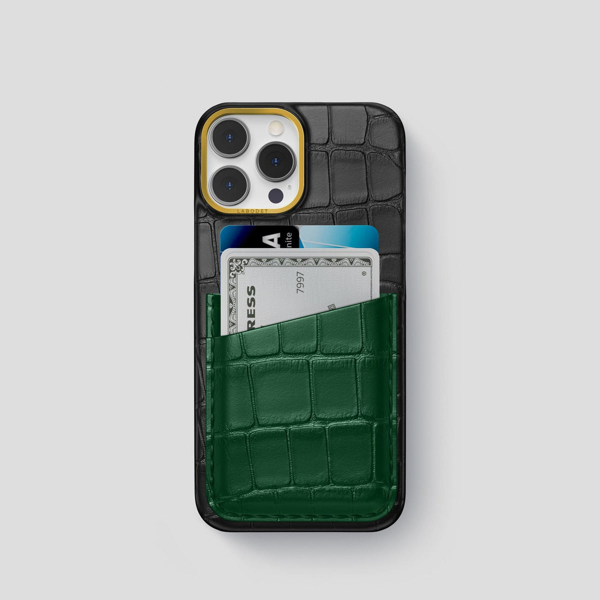Black-Green iPhone 13 Pro Card Case Alligator with Gold Metal -1 | Black-Green-Gold