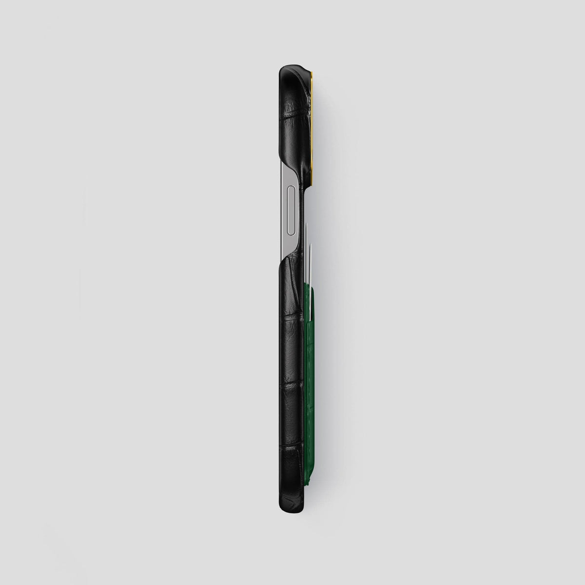 Black-Green iPhone 13 Pro Max Card Case Alligator with Gold Metal -3 | Black-Green-Gold