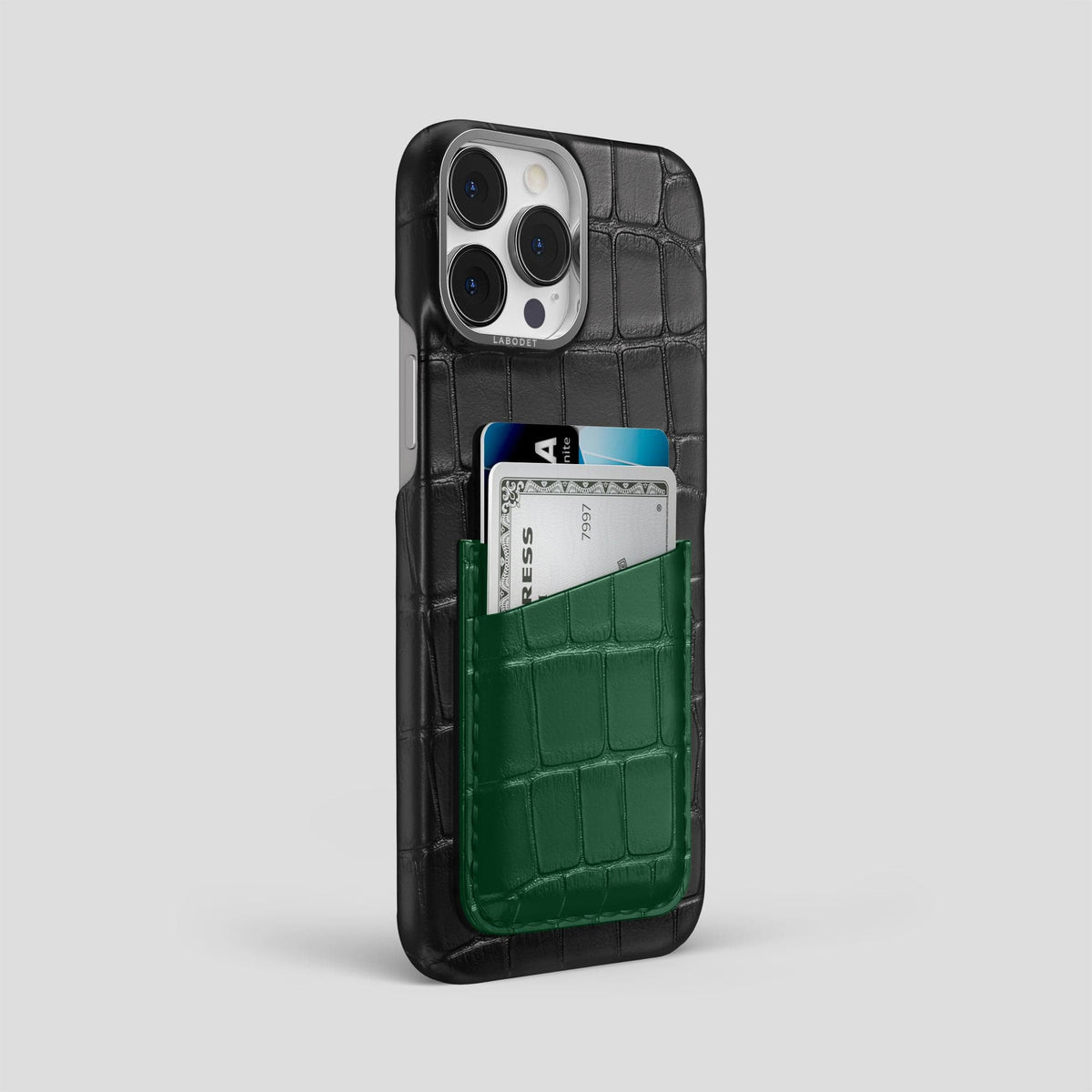 Black-Green iPhone 13 Pro Max Card Case Alligator with Steel Metal -2 | Black-Green-Steel