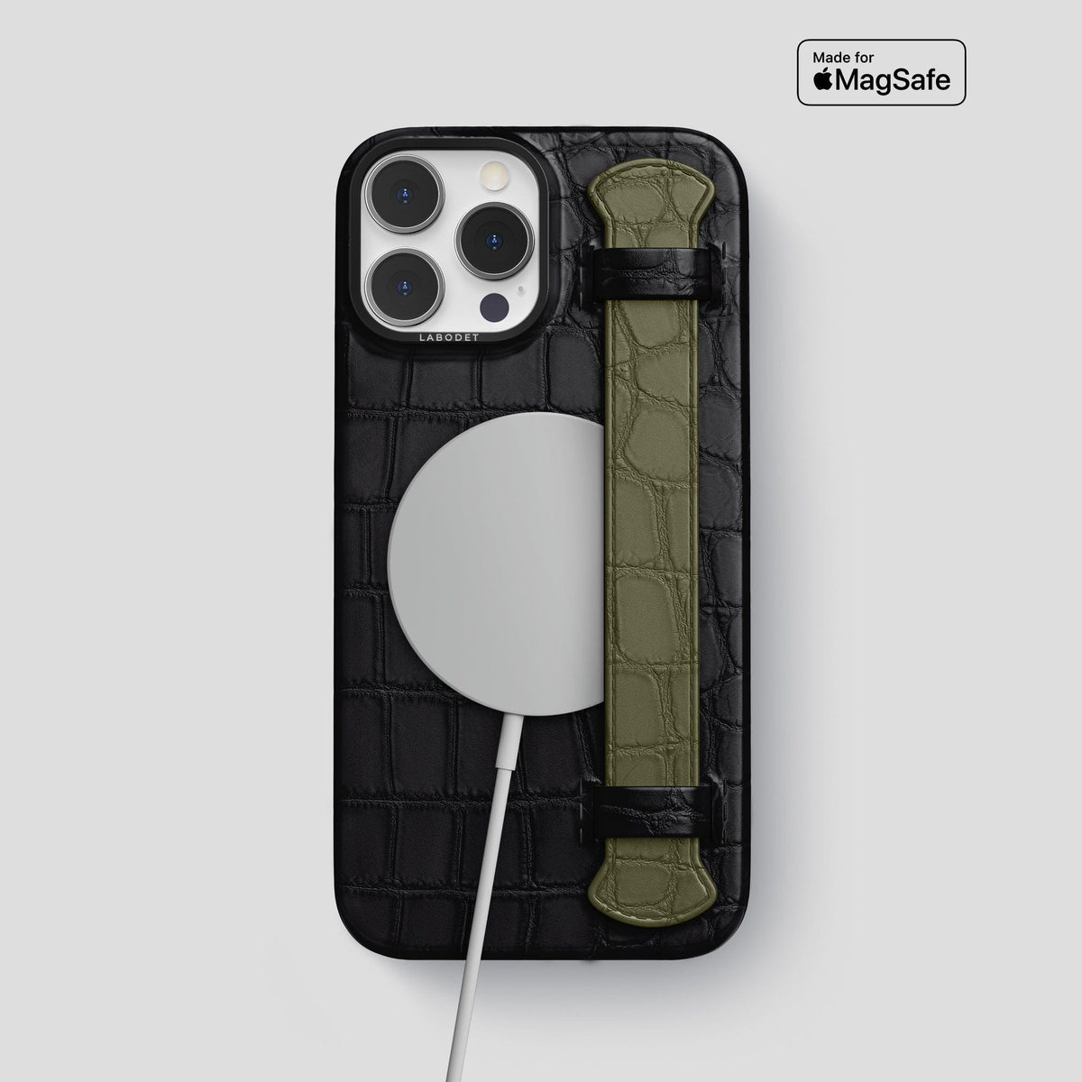 Black-Kaki-Green iPhone 13 Pro Max Strap Case Alligator with Black Metal -4 | Black-Kaki-Green-Black