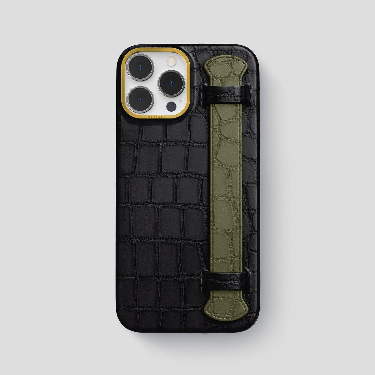 Black-Kaki-Green iPhone 13 Pro Max Strap Case Alligator with Gold Metal -1 | Black-Kaki-Green-Gold