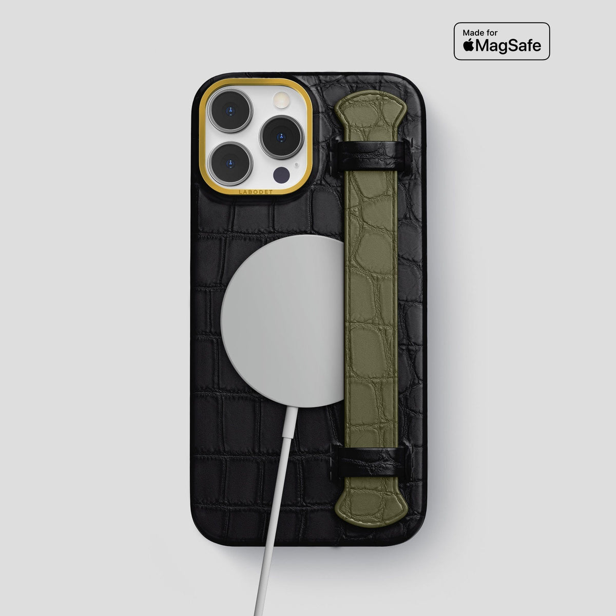Black-Kaki-Green iPhone 13 Pro Max Strap Case Alligator with Gold Metal -4 | Black-Kaki-Green-Gold