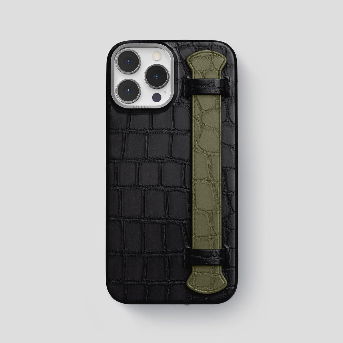 Black-Kaki-Green iPhone 13 Pro Max Strap Case Alligator with Steel Metal -1 | Black-Kaki-Green-Steel