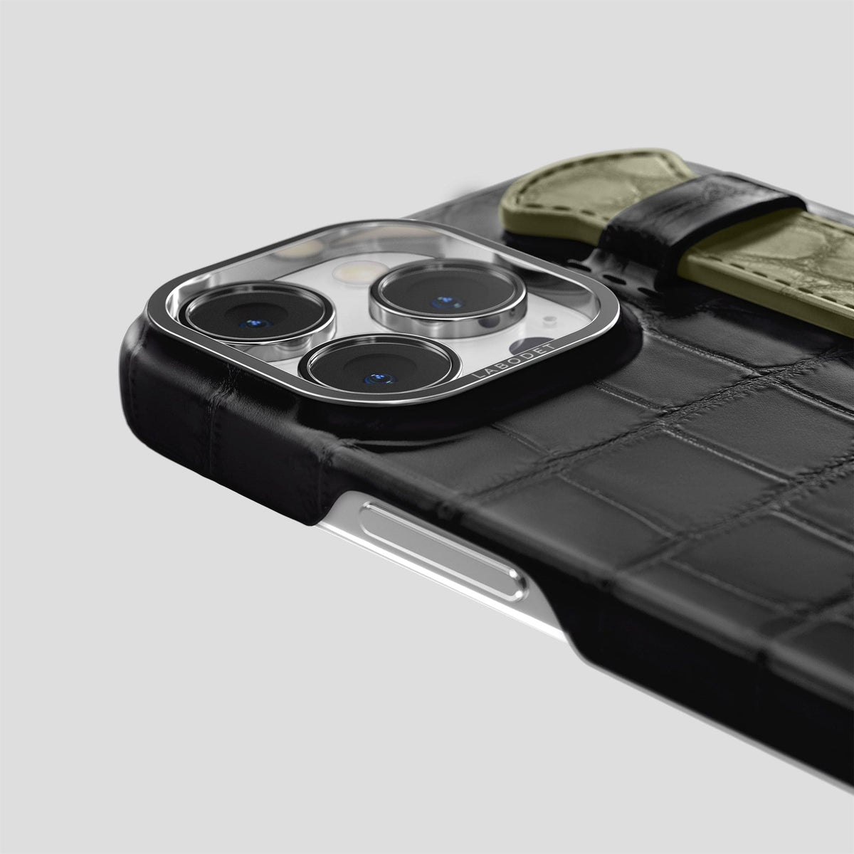 Black-Kaki-Green iPhone 13 Pro Max Strap Case Alligator with Steel Metal -5 | Black-Kaki-Green-Steel