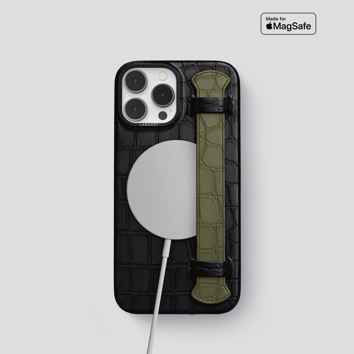 Black-Kaki-Green iPhone 13 Pro Strap Case Alligator with Black Metal -4 | Black-Kaki-Green-Black
