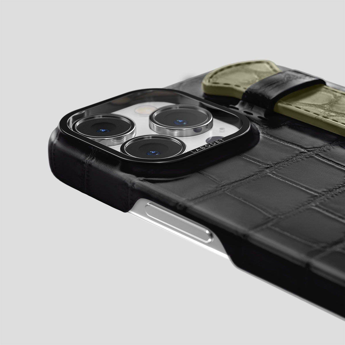 Black-Kaki-Green iPhone 13 Pro Strap Case Alligator with Black Metal -5 | Black-Kaki-Green-Black