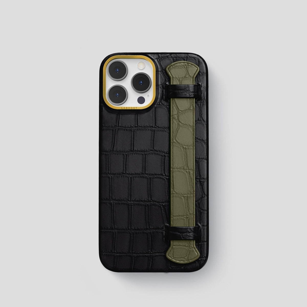 Black-Kaki-Green iPhone 13 Pro Strap Case Alligator with Gold Metal -1 | Black-Kaki-Green-Gold