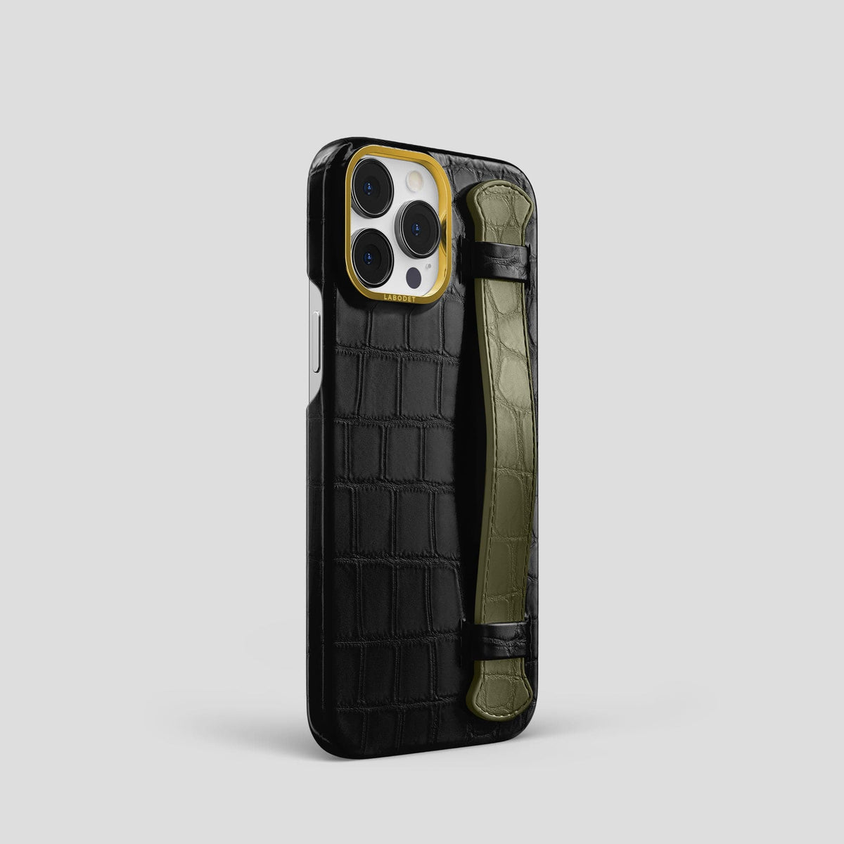 Black-Kaki-Green iPhone 13 Pro Strap Case Alligator with Gold Metal -2 | Black-Kaki-Green-Gold