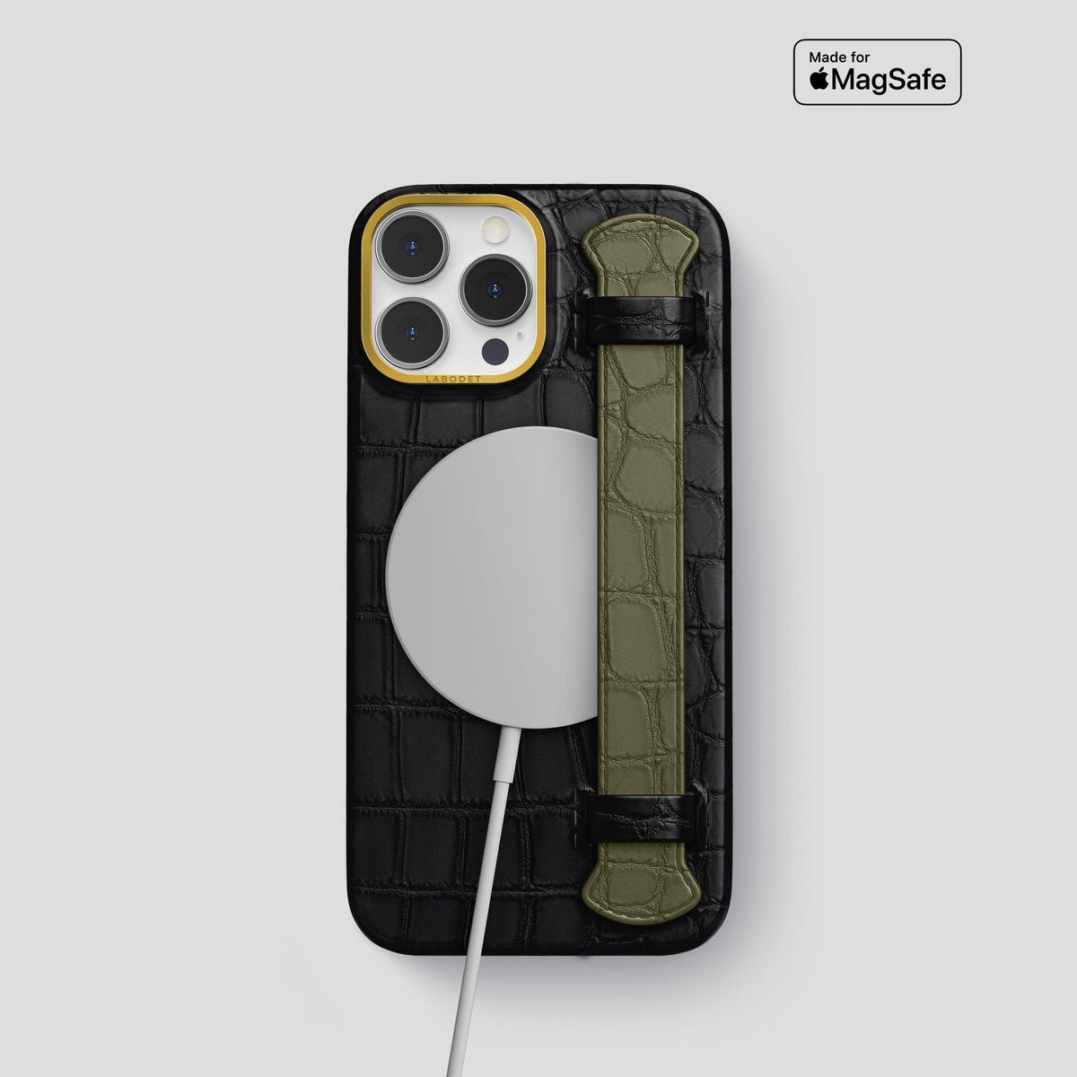 Black-Kaki-Green iPhone 13 Pro Strap Case Alligator with Gold Metal -4 | Black-Kaki-Green-Gold