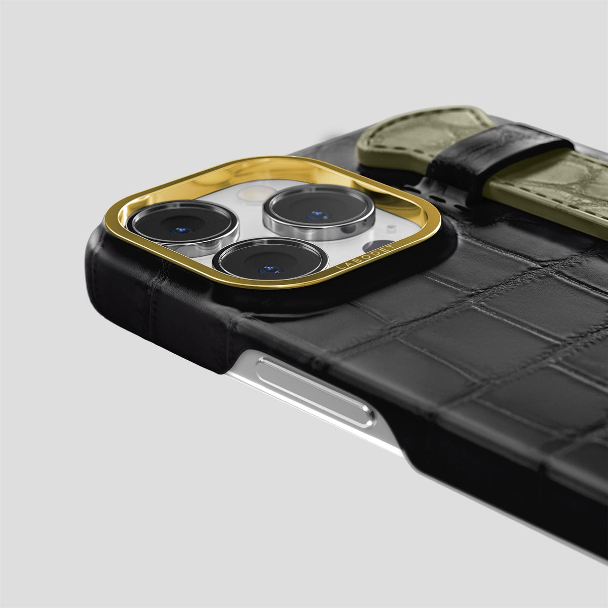 Black-Kaki-Green iPhone 13 Pro Strap Case Alligator with Gold Metal -5 | Black-Kaki-Green-Gold