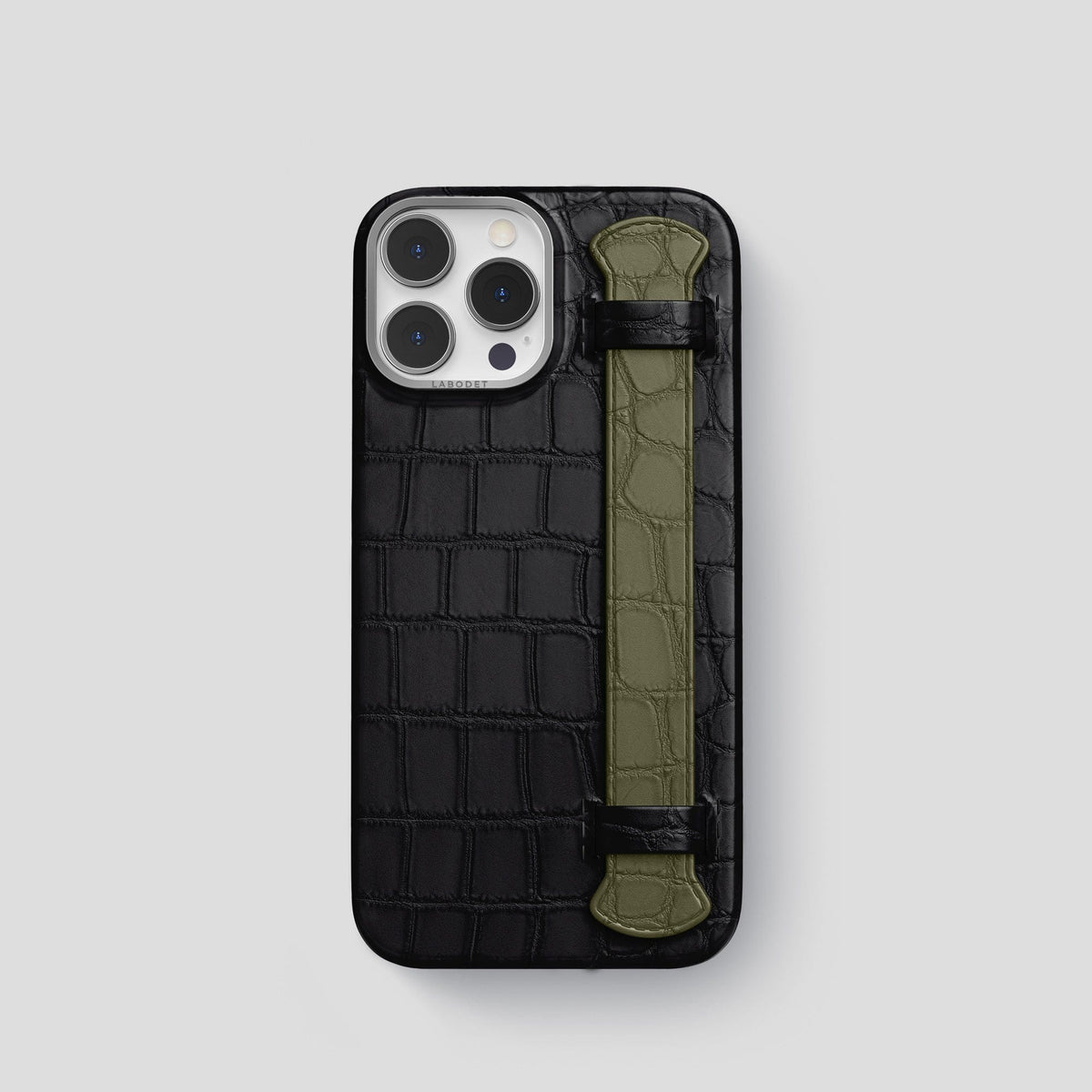 Black-Kaki-Green iPhone 13 Pro Strap Case Alligator with Steel Metal -1 | Black-Kaki-Green-Steel