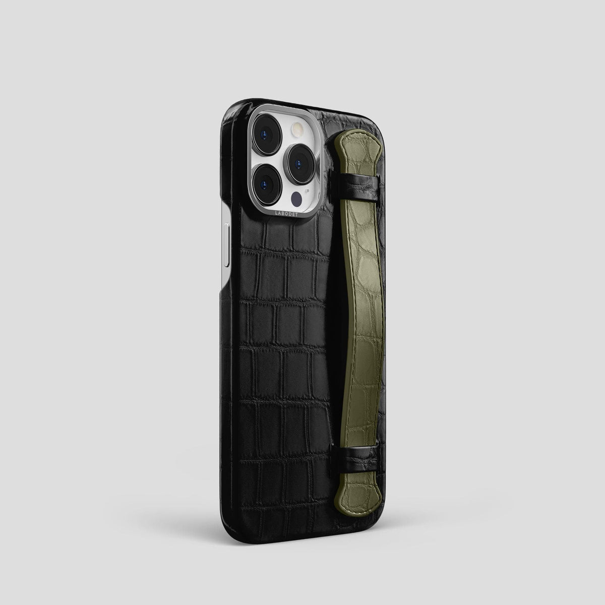 Black-Kaki-Green iPhone 13 Pro Strap Case Alligator with Steel Metal -2 | Black-Kaki-Green-Steel