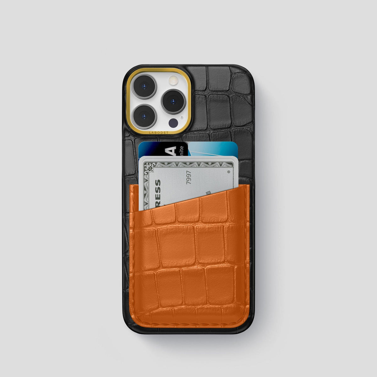 Black-Orange iPhone 13 Pro Card Case Alligator with Gold Metal -1 | Black-Orange-Gold