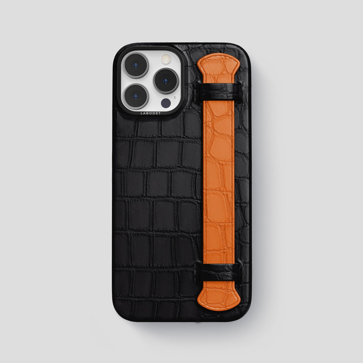 Black-Orange iPhone 13 Pro Max Strap Case Alligator with Black Metal -1 | Black-Orange-Black