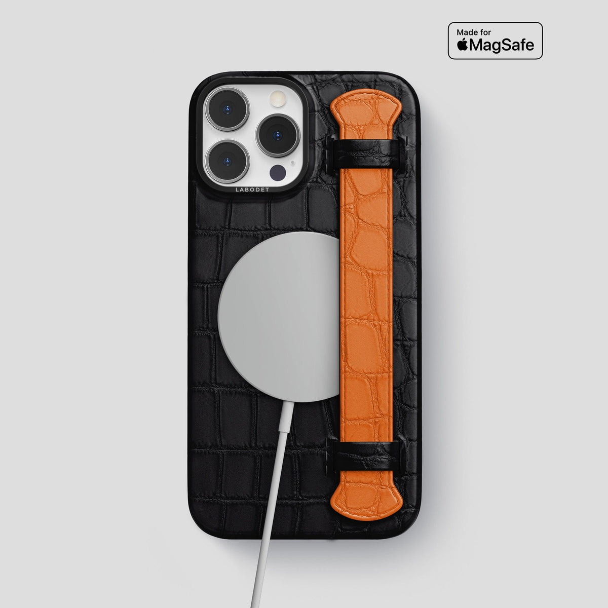 Black-Orange iPhone 13 Pro Max Strap Case Alligator with Black Metal -4 | Black-Orange-Black