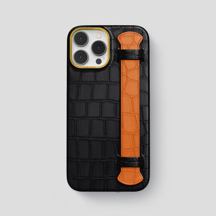 Black-Orange iPhone 13 Pro Max Strap Case Alligator with Gold Metal -1 | Black-Orange-Gold