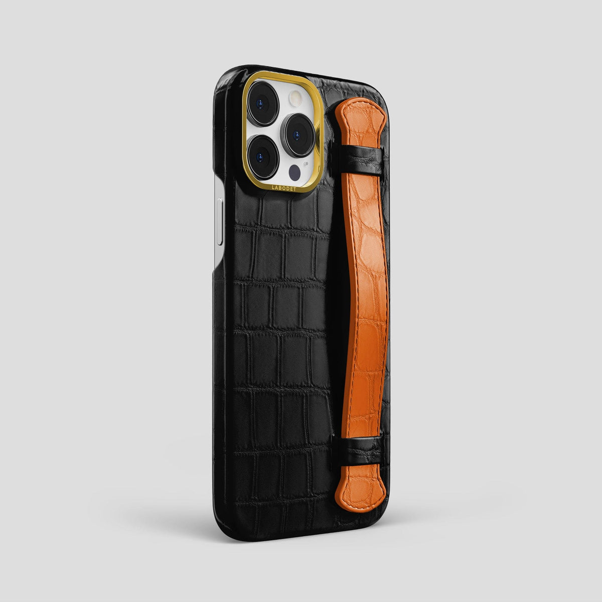 Black-Orange iPhone 13 Pro Max Strap Case Alligator with Gold Metal -2 | Black-Orange-Gold