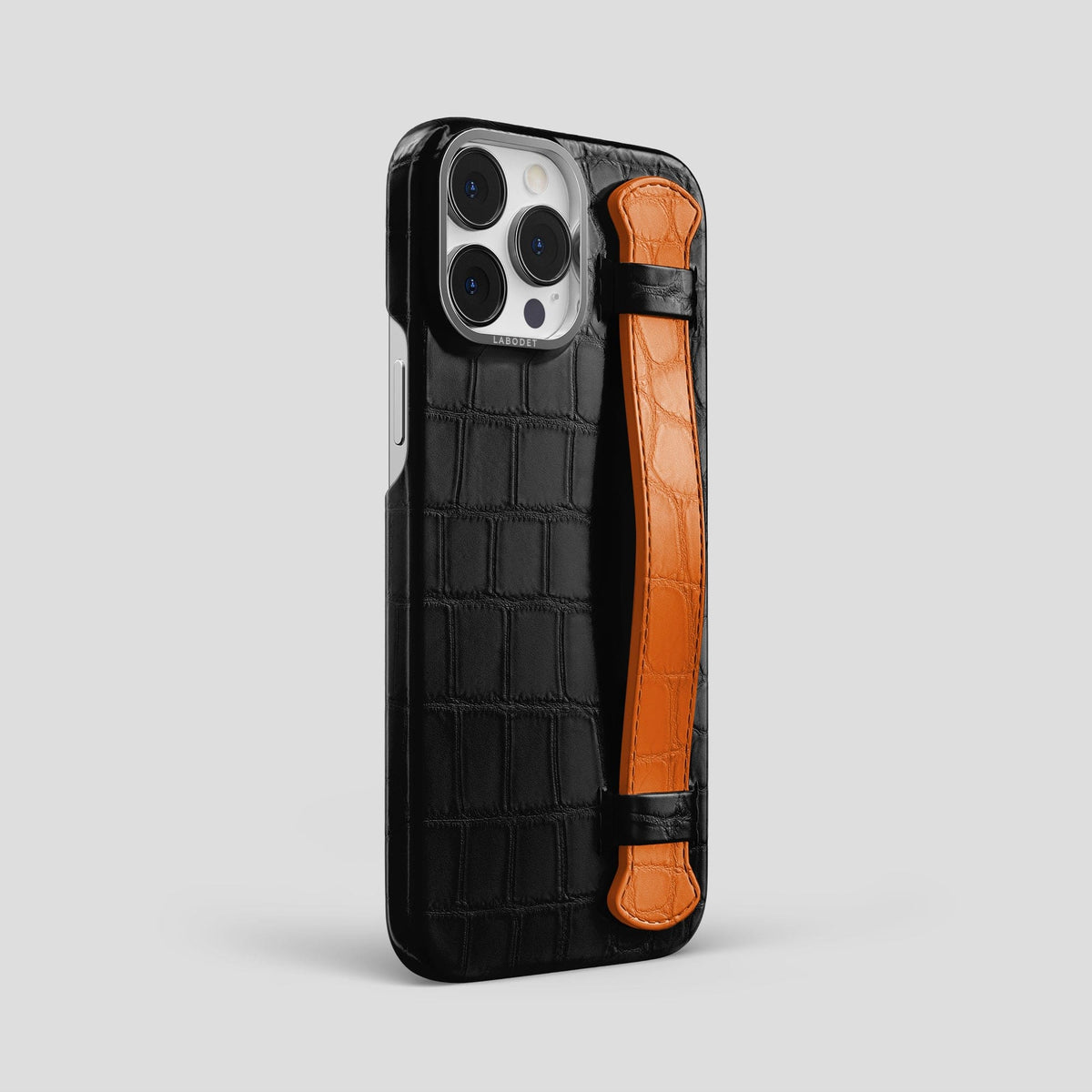 Black-Orange iPhone 13 Pro Max Strap Case Alligator with Steel Metal -2 | Black-Orange-Steel