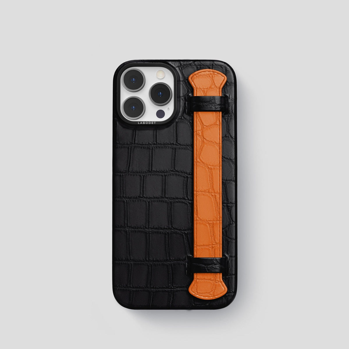 Black-Orange iPhone 13 Pro Strap Case Alligator with Black Metal -1 | Black-Orange-Black