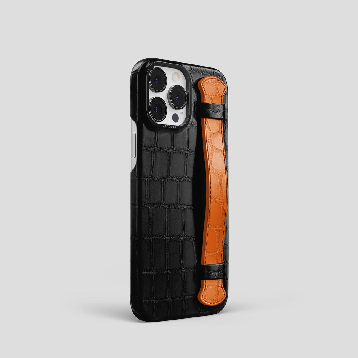 Black-Orange iPhone 13 Pro Strap Case Alligator with Black Metal -2 | Black-Orange-Black