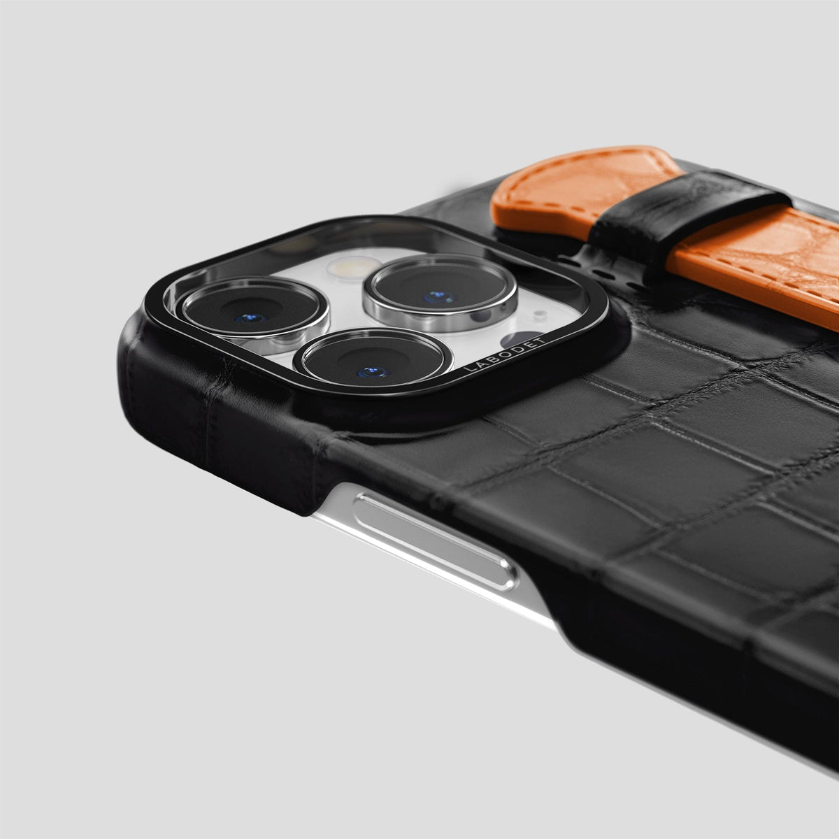 Black-Orange iPhone 13 Pro Strap Case Alligator with Black Metal -5 | Black-Orange-Black