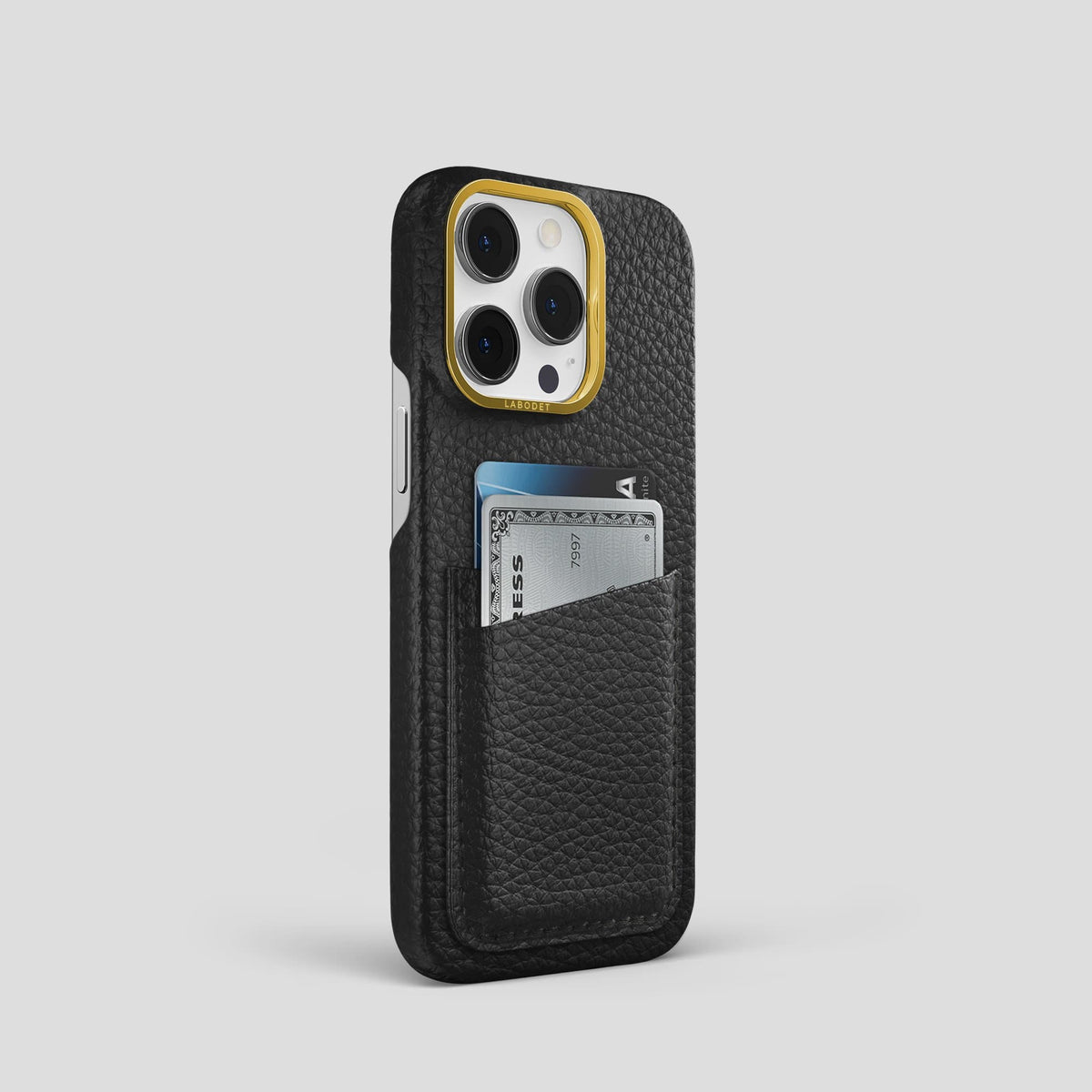 Black iPhone 13 Pro Card Case Calf with Gold Metal -2 | Black-Gold