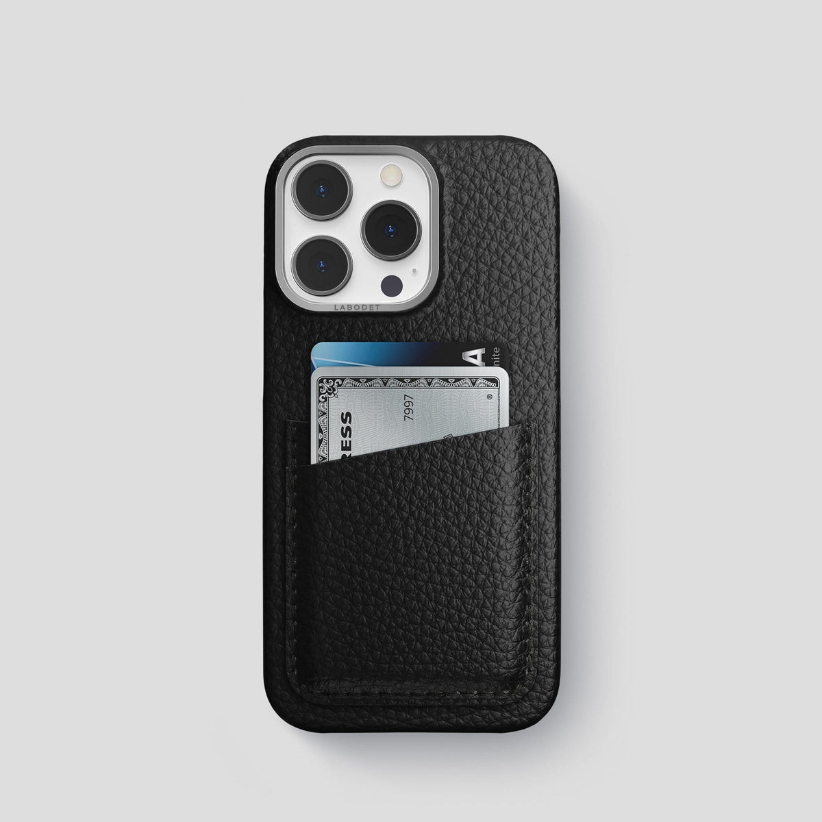 Black iPhone 13 Pro Card Case Calf with Steel Metal -1 | Black-Steel