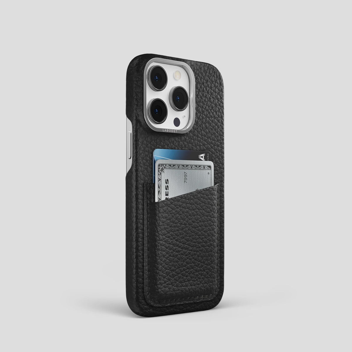 Black iPhone 13 Pro Card Case Calf with Steel Metal -2 | Black-Steel