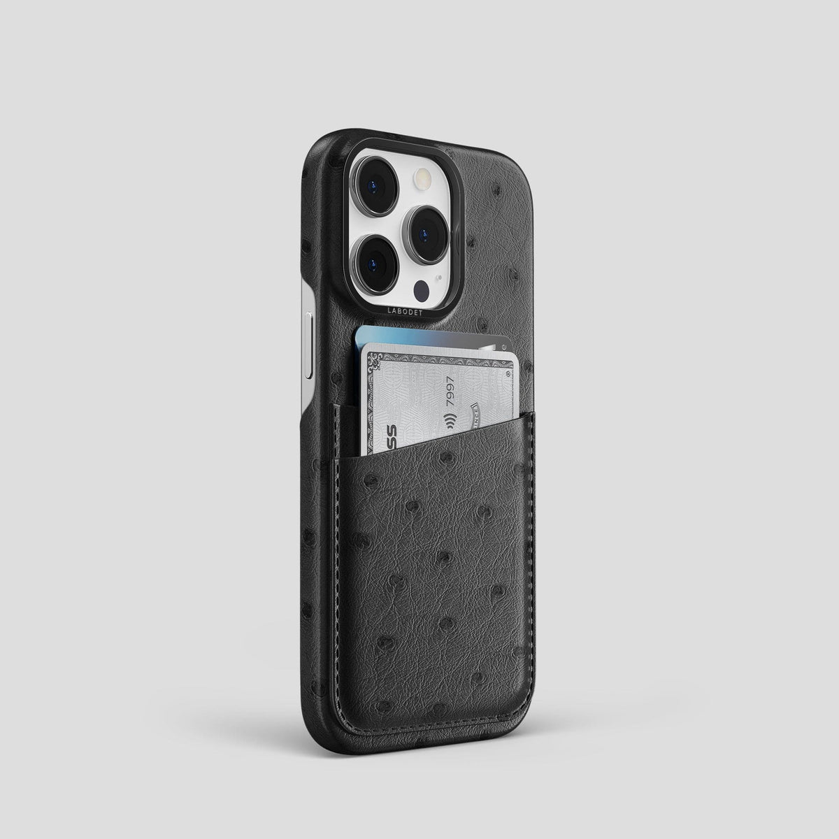 Black iPhone 13 Pro Card Case Ostrich with Black Metal -2 | Black-Black