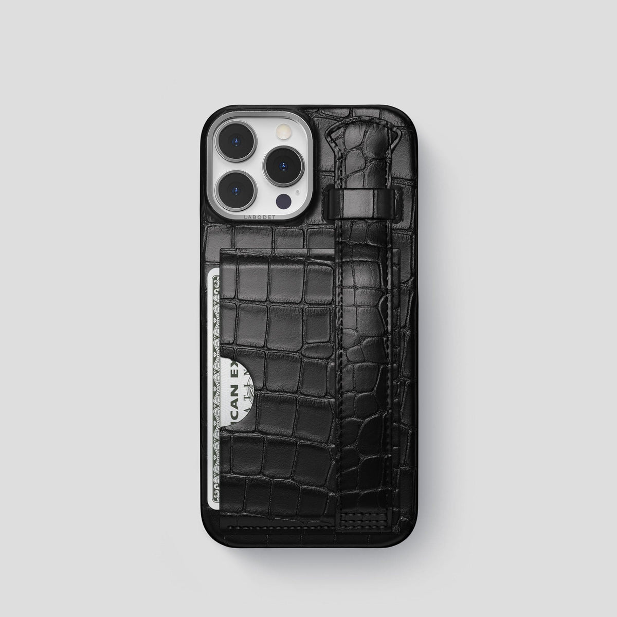 Black iPhone 13 Pro Cardholder Strap Case Alligator with Steel Metal -1 | Black-Steel