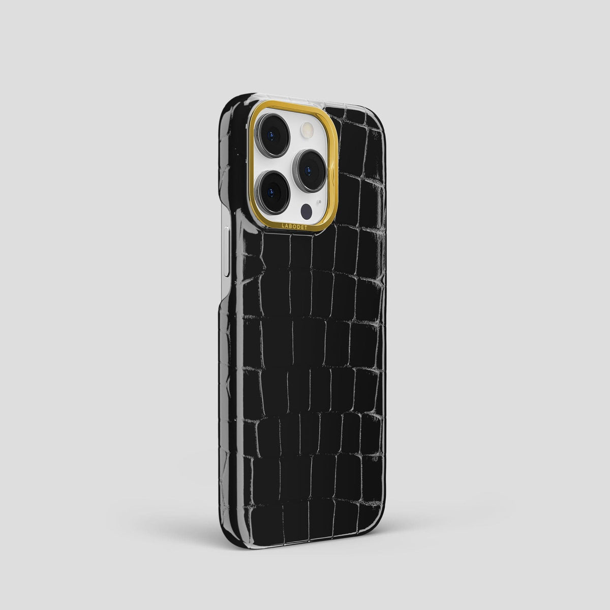 Black iPhone 13 Pro Case Shiny Alligator with Gold Metal -2 | Black-Gold