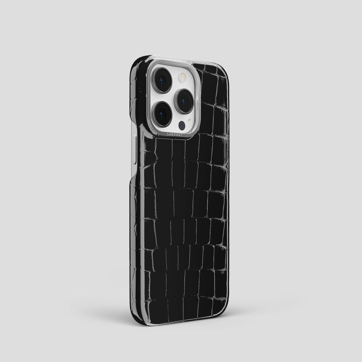 Black iPhone 13 Pro Case Shiny Alligator with Steel Metal -2 | Black-Steel