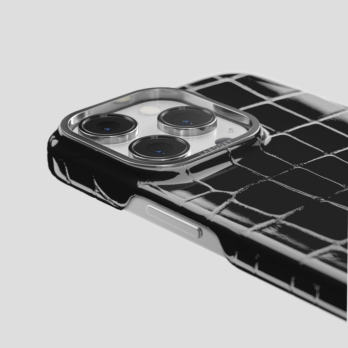 Black iPhone 13 Pro Case Shiny Alligator with Steel Metal -6 | Black-Steel