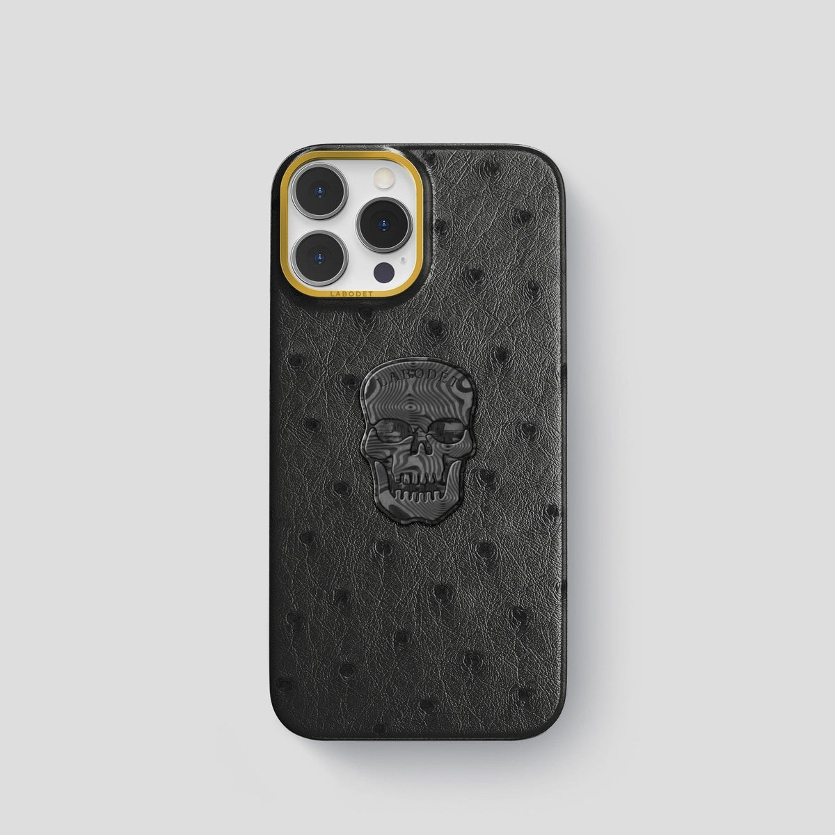 Black iPhone 13 Pro Classic Case Ostrich with Gold Metal -1 | Black-Gold