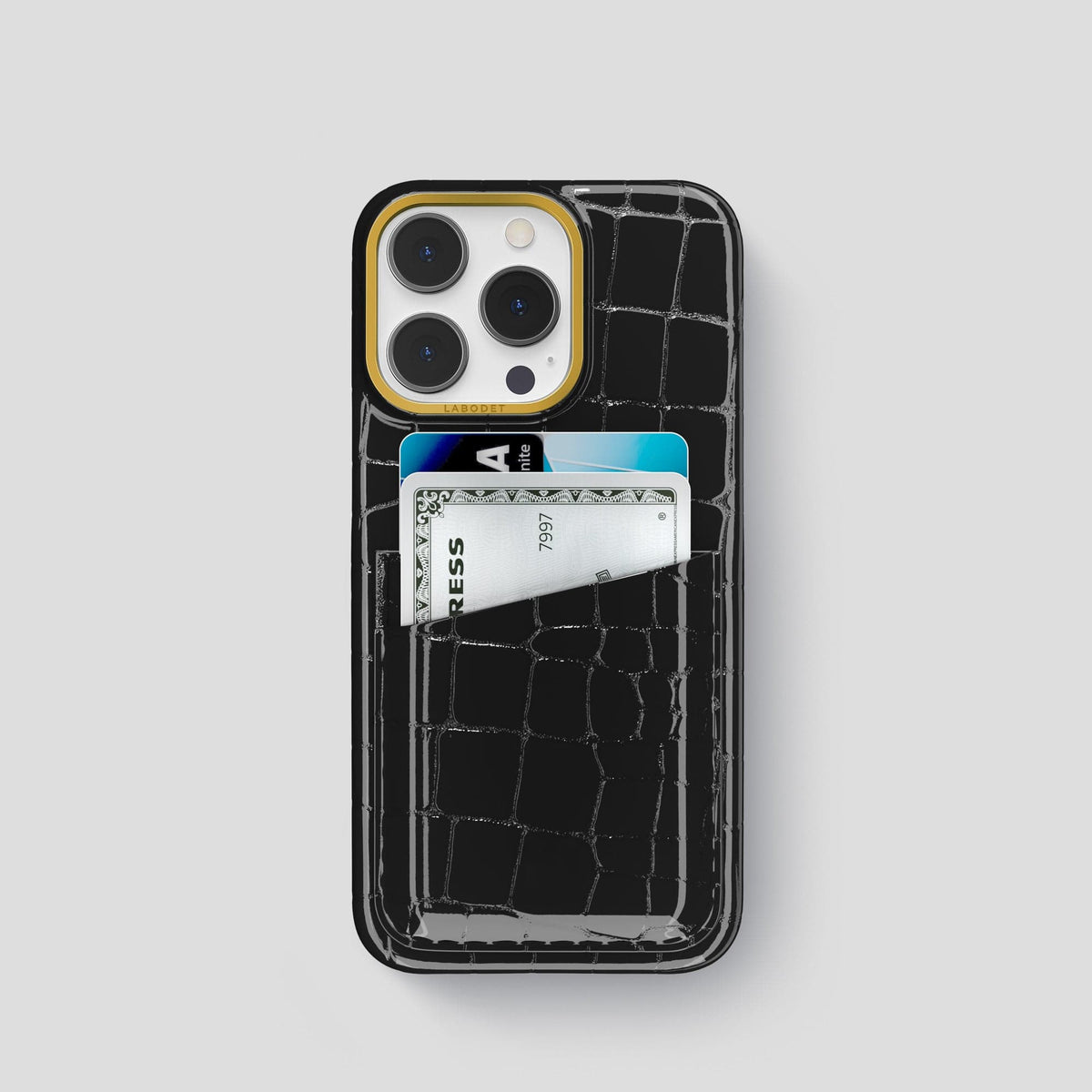 Black iPhone 13 Pro Double Card Case Shiny Alligator with Gold Metal -1 | Black-Gold