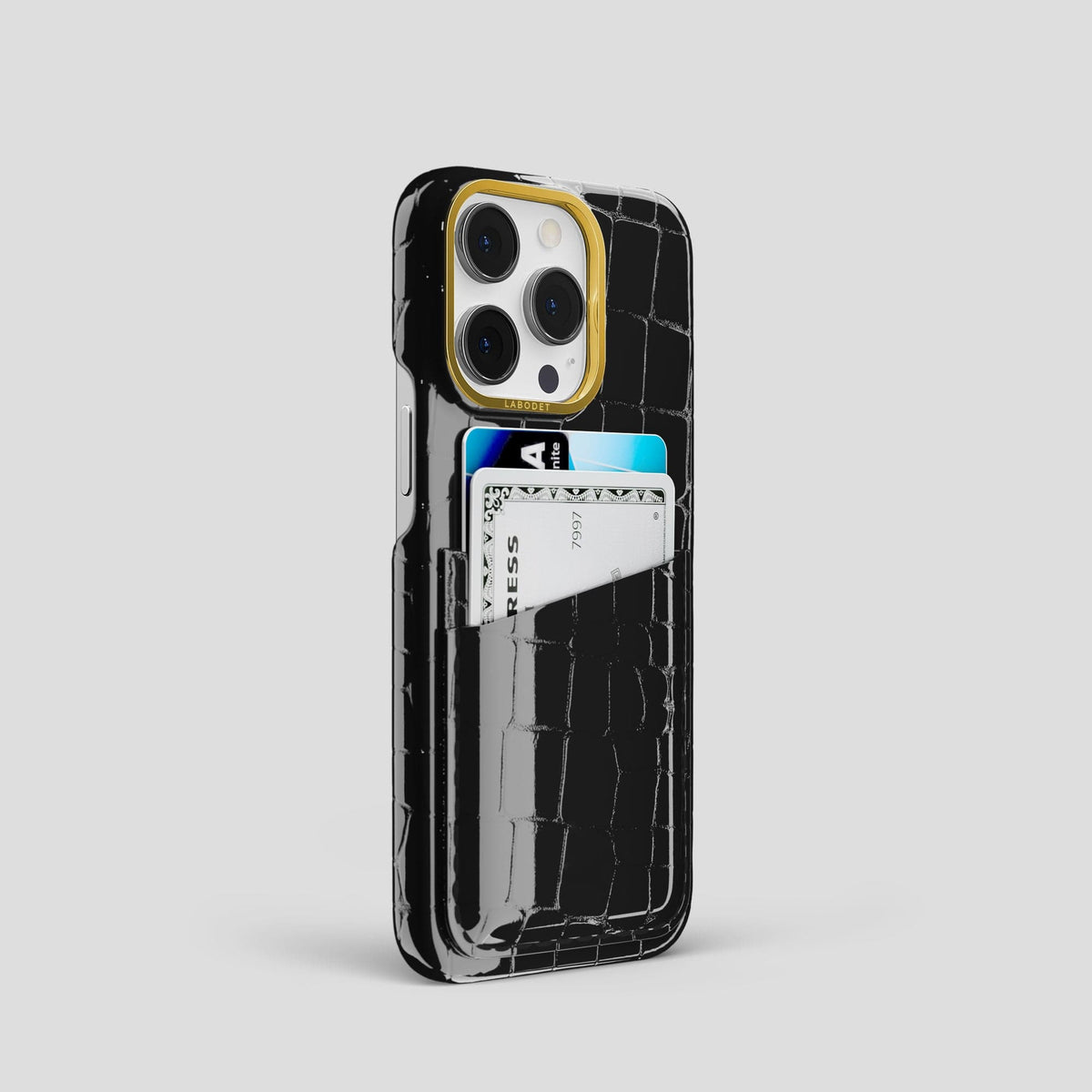 Black iPhone 13 Pro Double Card Case Shiny Alligator with Gold Metal -2 | Black-Gold