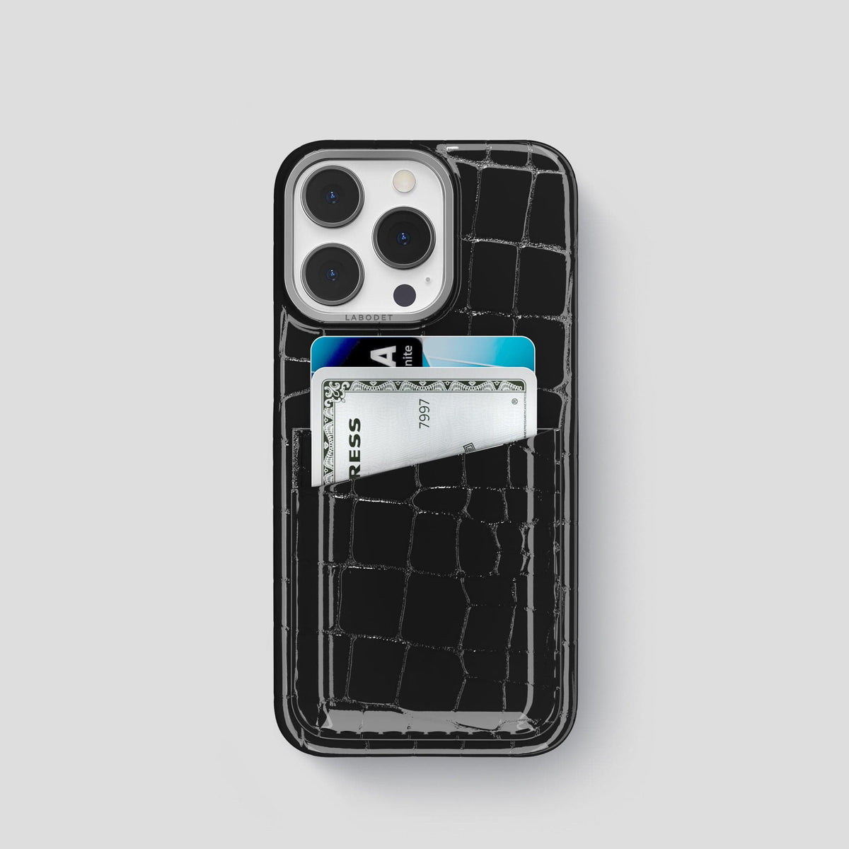 Black iPhone 13 Pro Double Card Case Shiny Alligator with Steel Metal -1 | Black-Steel